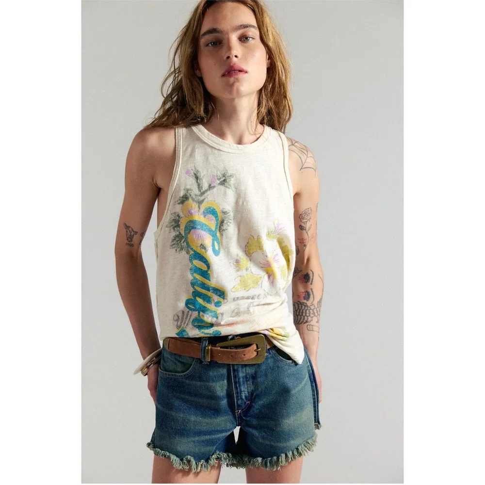 Free People Rosie Graphic Tank large Cream New California relaxed lightweight